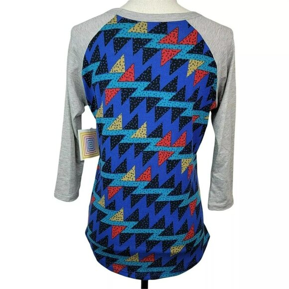 Lularoe Randy Raglan Shirt Womens Sz XS Blue Gray Geometric Knit Tshirt Top‎ - Picture 4 of 7